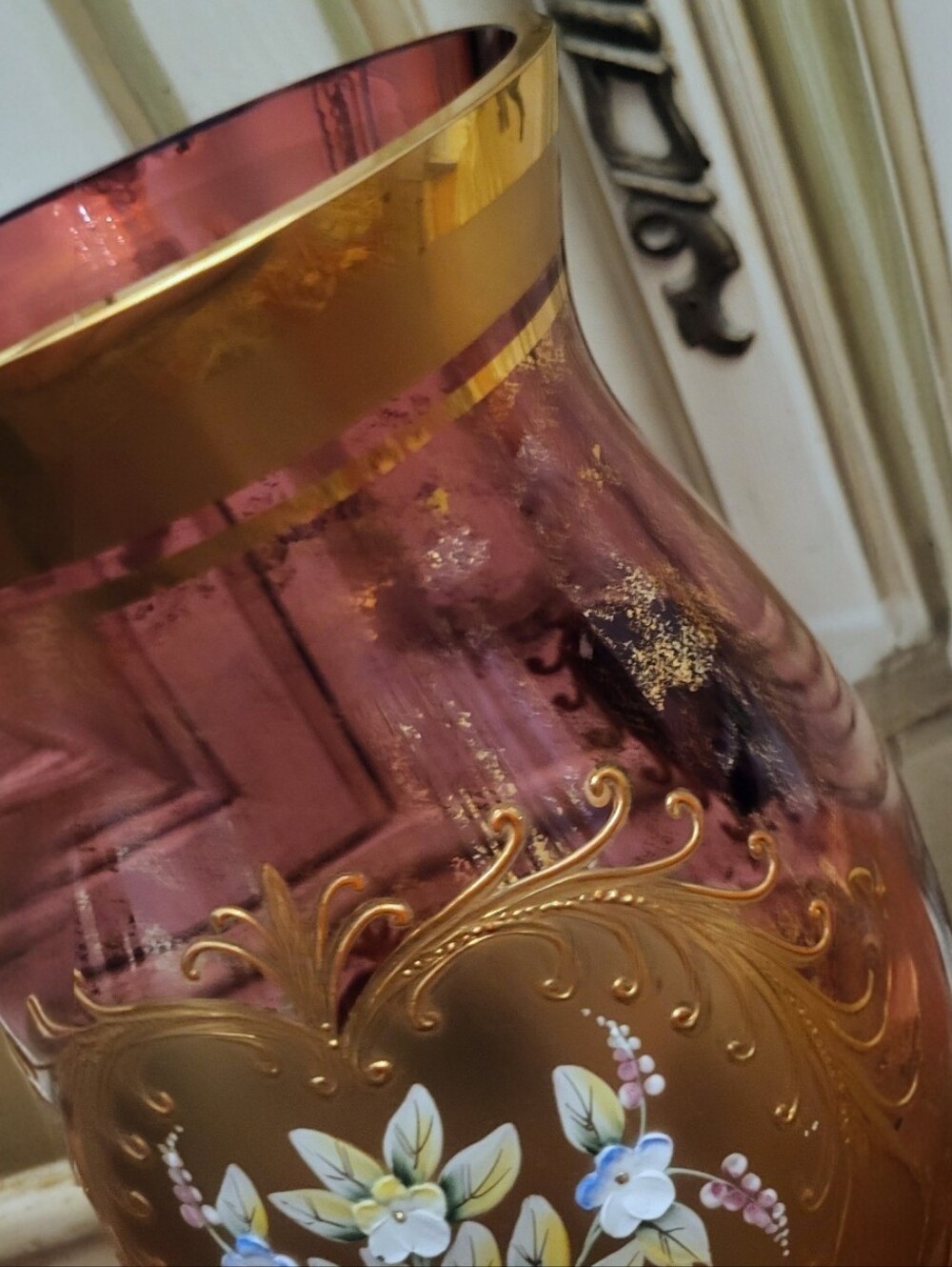 Vintage 22" Bohemian Glass Handpainted Gold Banded Applique 3D Floral Vase*